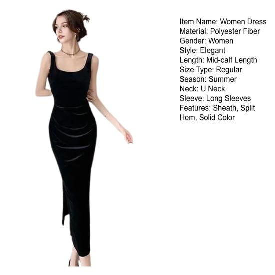 Summer Women Evening Dress Sleeveless Slim Fit Backless Pure Color Split Hem Velvet U-shaped Neck Prom Cocktail Party Midi Dress
