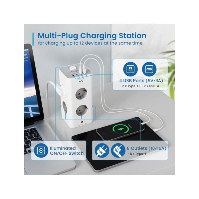 Ewent EW3864 Regleta en Bloque 8 Tomas Shucko + 2x USB-A + 2x USB-C 5V/3A PD/QC 3.0 Blanca