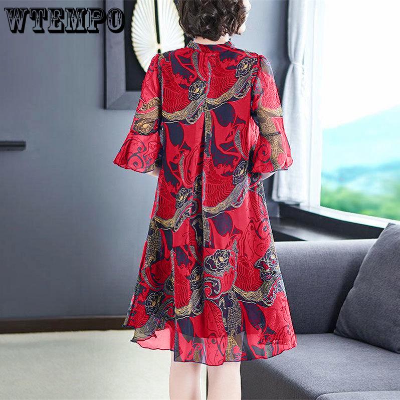 Женское летнее шифоновое платье в стиле ретро, ​​свободные шелковые платья средней длины с принтом