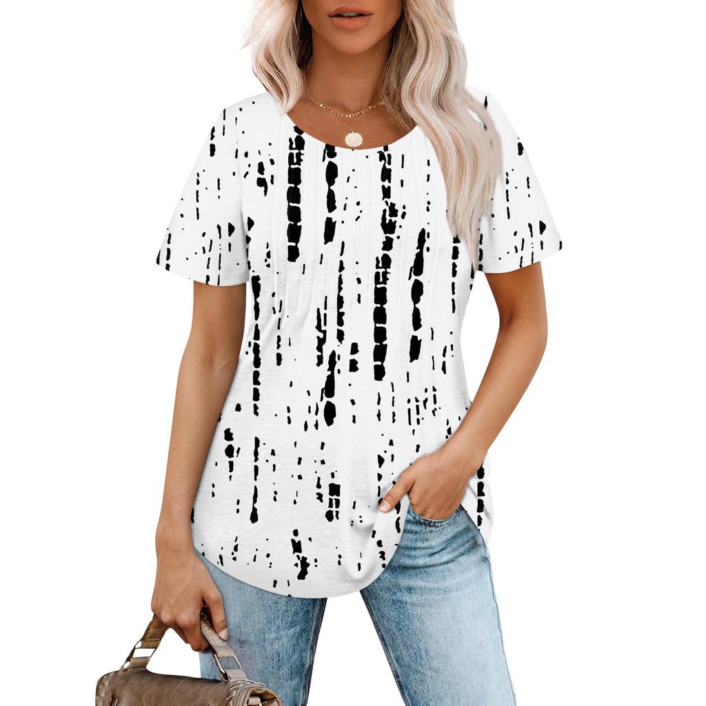 Women's Fashionable Casual Pleated Round Neck  Printed Short Sleeved T-shirt Top