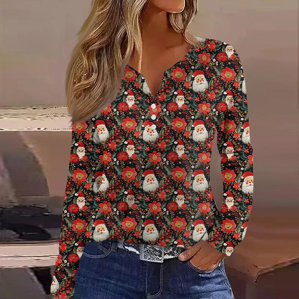 Women's Fashion Casual V-Neck Button-Up Long-Sleeve T-Shirt With Christmas Print Top