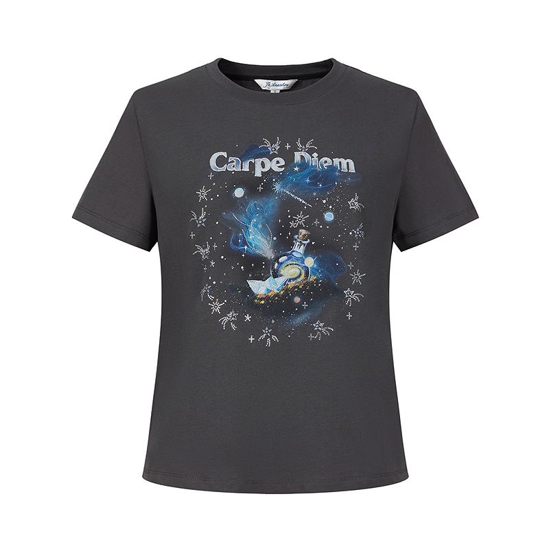 Jiuzi Anna Kou Personalized Starry Sky Printing Round Neck Short-sleeved T-shirt for Women
