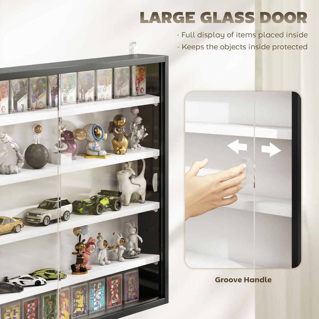 5-Tier Wall Display Cabinet, Wall Mounted Display Case w/ 4 Adjustable Shelves, Glass Doors, 60x80cm, Black and White