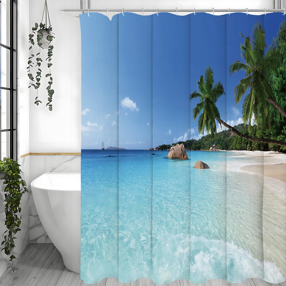 Занавеска для душа «Океанский пляж с кокосовой пальмой», Декоративная занавеска для душа для ванной комнаты, Водонепроницаемая занавеска для душа с крючками