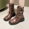 Fashion Vintage Side Zipper Mid Calf Riding Boots Women Sexy Square Toe Medium Heel Western Boots Luxury Designer Metal Buckle Shoes
