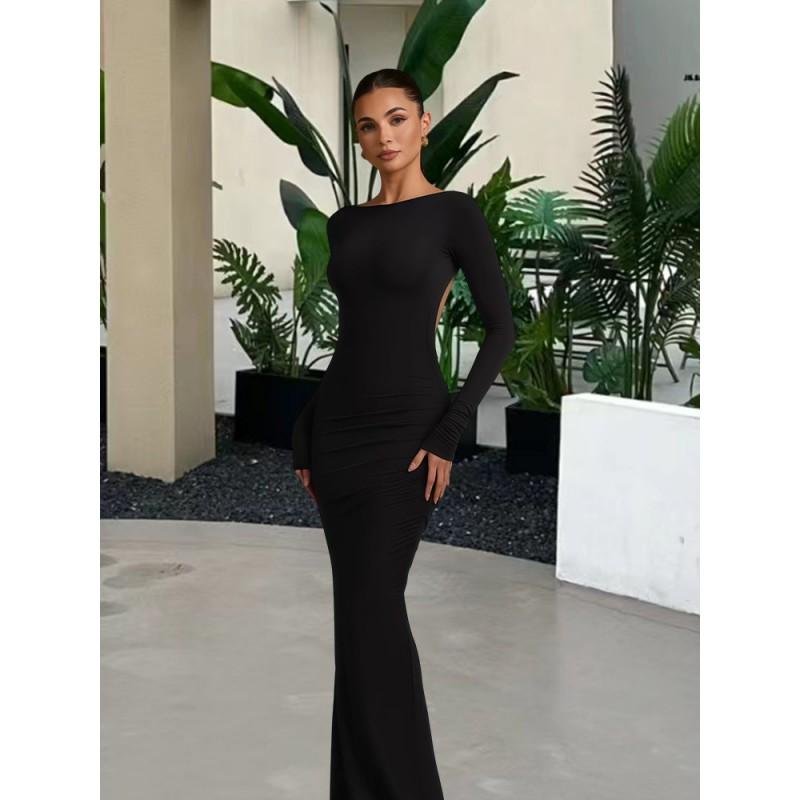 Off Shoulder Mermaid Dress Slim Fit Ruched Sexy Open Back Long Sleeve Elegant Evening Gown