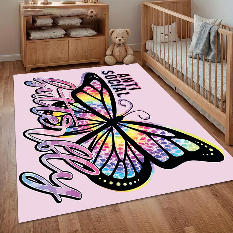 Soft Non-Slip Social Butterfly Area Rug with Rainbow Gradient Design on Pink Background for Nursery Bedroom Living Room Decor