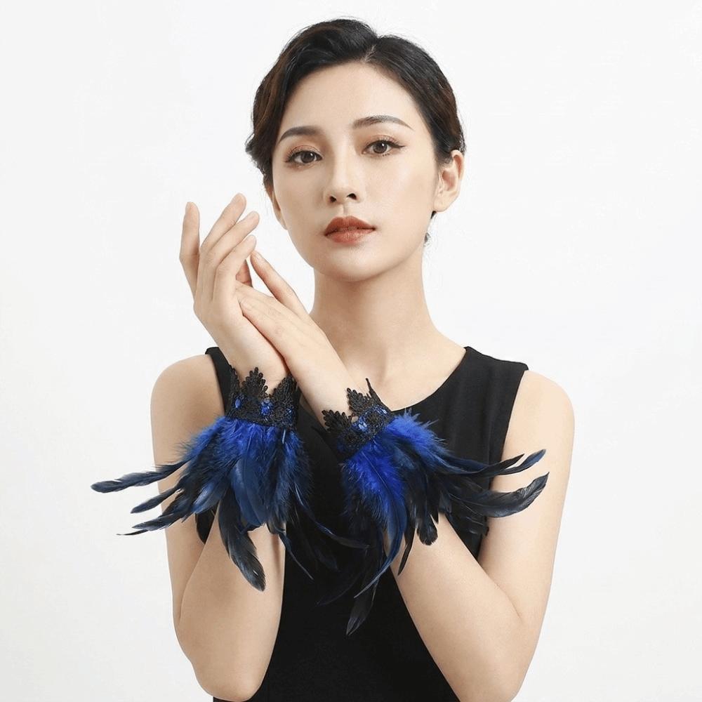 Black Lace Fluffy Feather Wrist Cuffs Lightweight Plume Bracelet Halloween Arm Cuff Gloves Cosplay