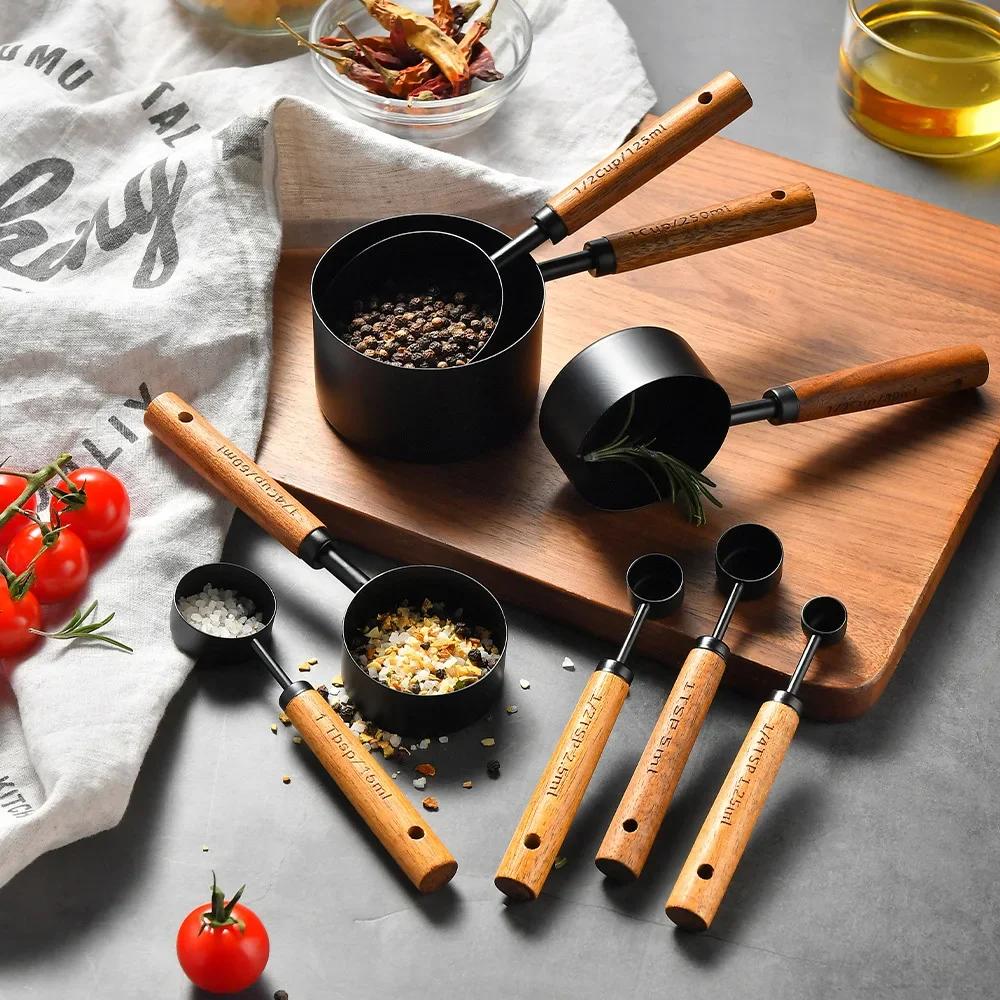 8Pcs Gold Kitchen Baking Tools Bakeware Measuring Tools Scales Set Stainless Steel Measuring Cups and Spoons With Wooden Handle