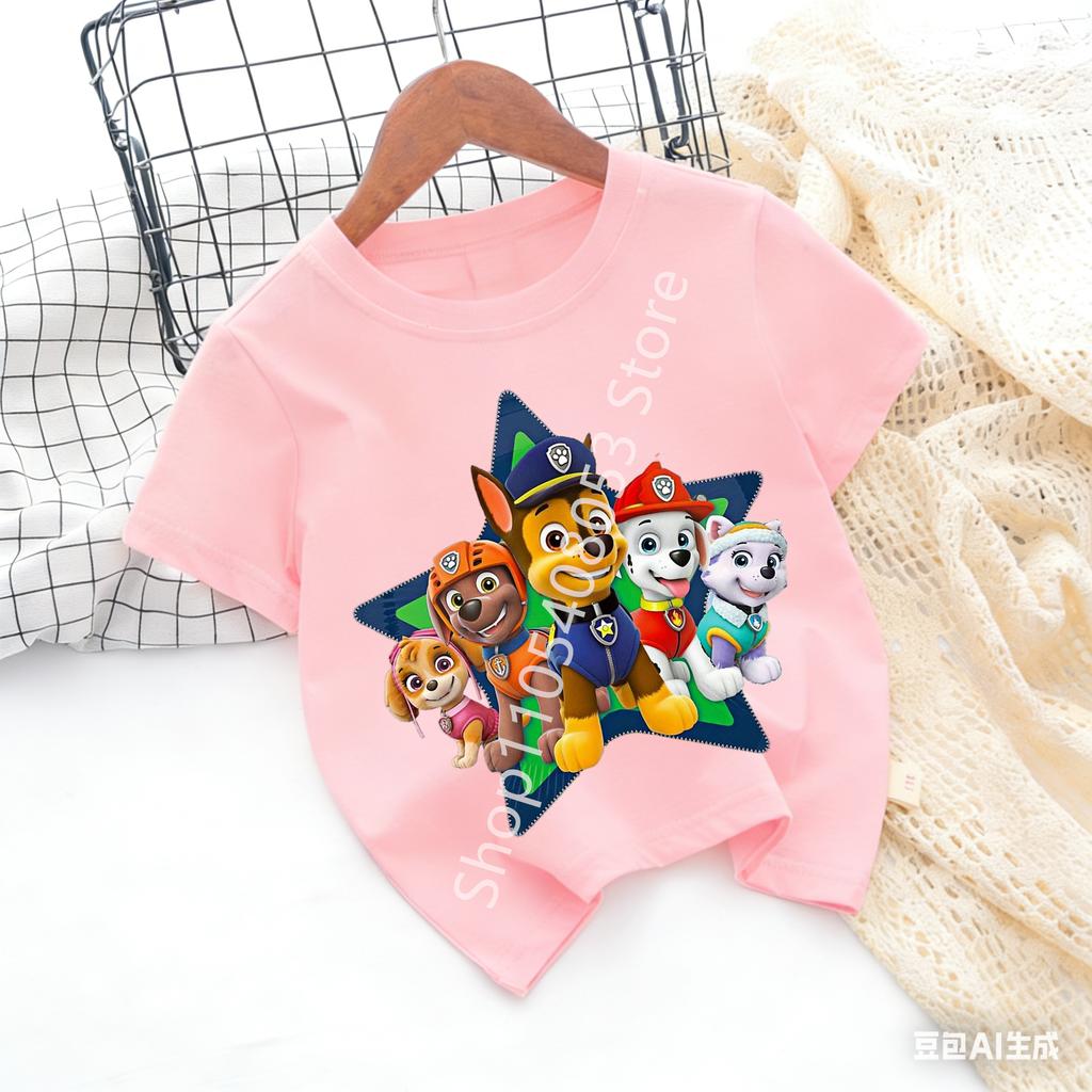 PAW Patrol Children Short Sleeve Tshirt Cartoon Chase Skye Print Pullover Boys Girls Summer Breathable Casual Cotton Tops Gifts