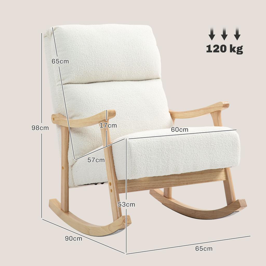 Rocking Chair Fabric Upholstery In Velvet Look Ergonomic Backrest 120 Kg Load Capacity 65B X 90T X 98H Cm Cream White