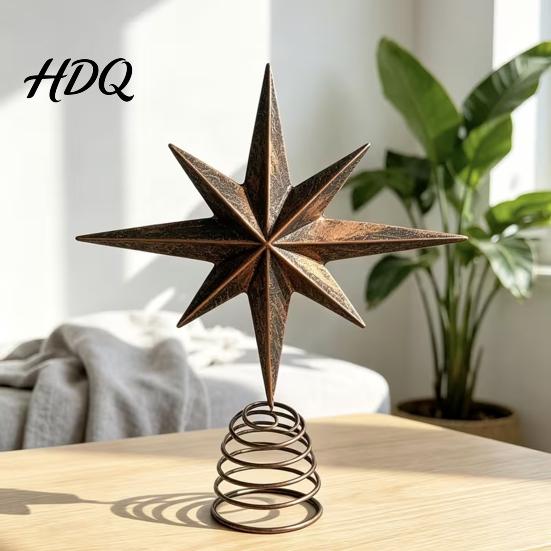 Elegant Holiday Tree Accessory Distressed Metal Eight-pointed Star Christmas Topper with Stable Spiral Sturdy Spring Base Base Vintage Ornament
