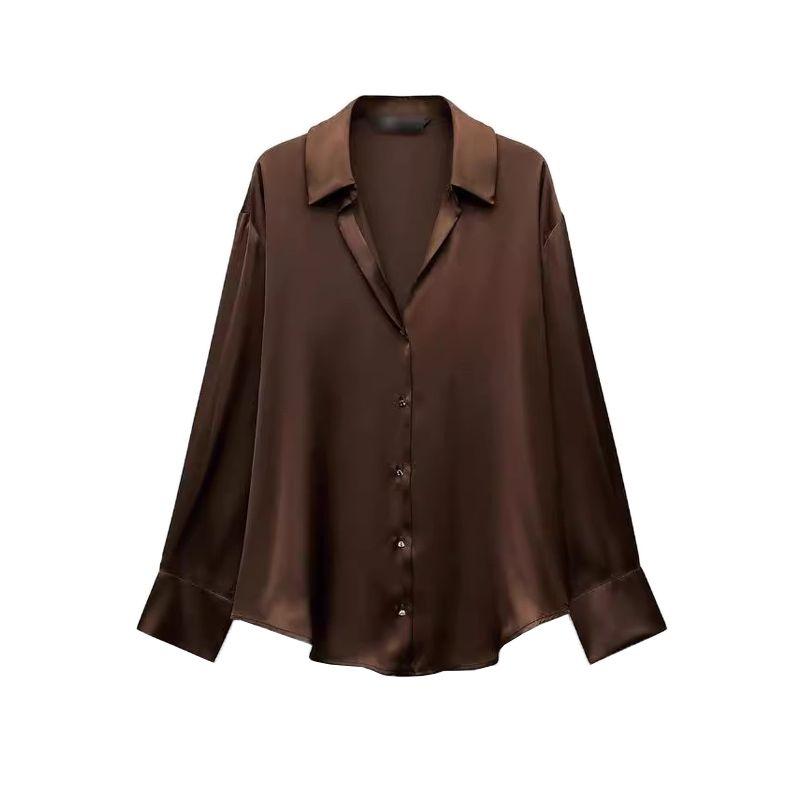 Spring New Women's Clothing French Style Retro Lapels Long Sleeves Minimalist Easiest for Match Silk Satin Textured Shirt 2074580