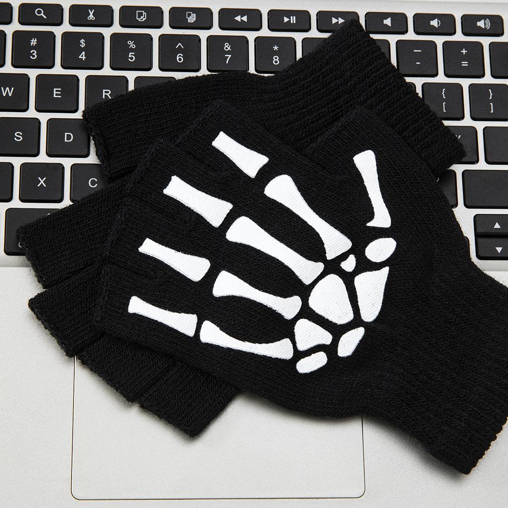 Boys' Halloween decorative warm gloves Fall and Winter split fingers open-fingered knit gloves skull hand pattern gloves