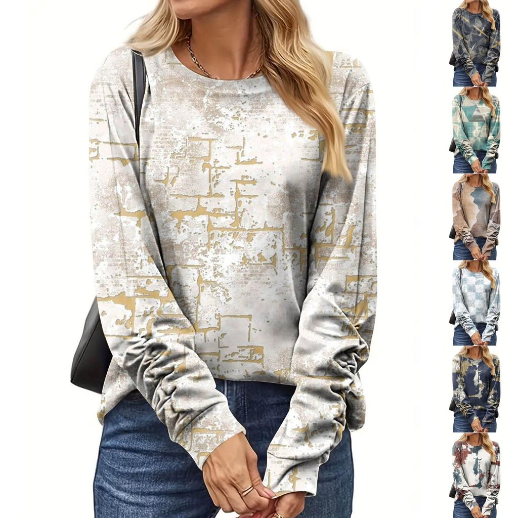Women's Fashion Casual Long Sleeve Print Round Neck Pullover Top Blouse