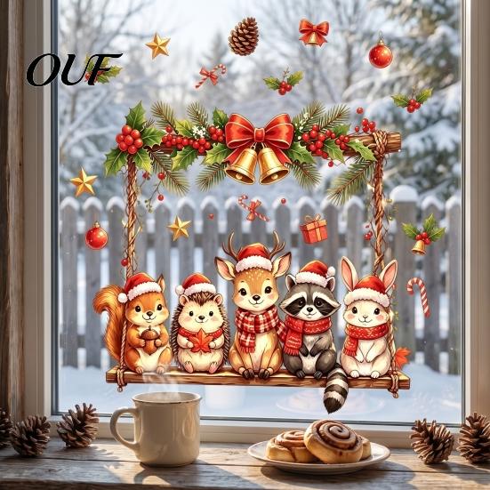 Decorative Glass Stickers for Christmas Animals Window Decal, Static Cling Removable Sticker, Waterproof PVC Cute Electrostatic Deer Bunny on