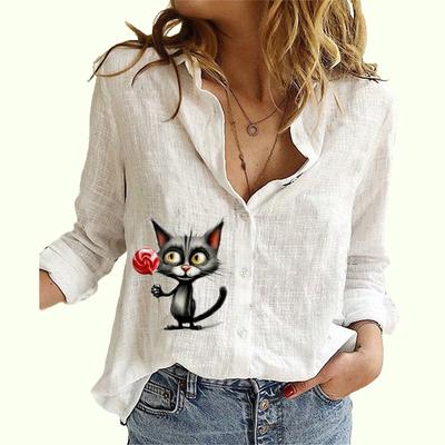 Женская модная рубашка с длинным рукавом на пуговицах, женская повседневная тонкая хлопковая льняная блузка с длинными рукавами и принтом кошки