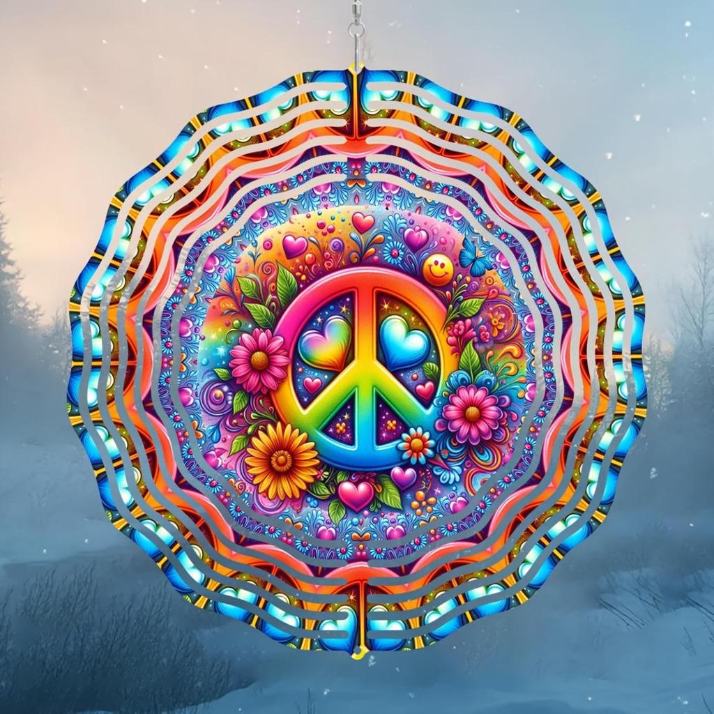 Ветряк Знак Мира 25,4 см 3D Подвесной Кинетический Декор с Вращающимся на 360 градусов Крючком Металлическое Лазерная Резка Искусство для Сада Двора Подарка