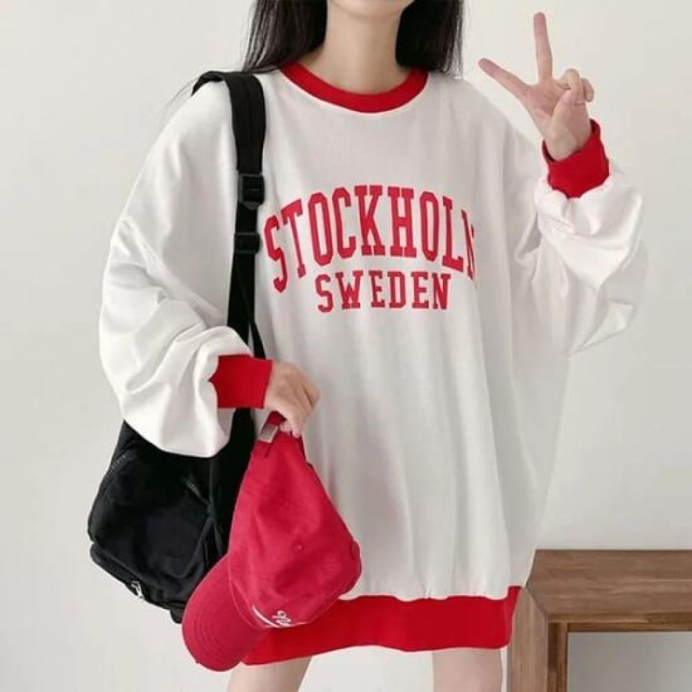 Navava Women Loose Fit Color Block Lettering Long Sleeve Sweatshirt Nt3031