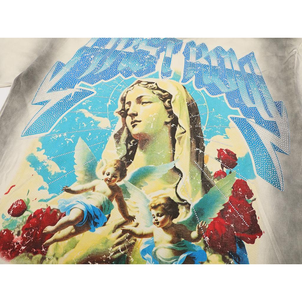Unisex Vintage Washed T-Shirt, Madonna & Angels Print with Rhinestone Letter, Oversized Streetwear Tee