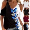 Women V-neck Short Sleeve T-shirt Cold Shoulder Buckle Decor Solid Color Floral Print Pullover Tops Streetwear