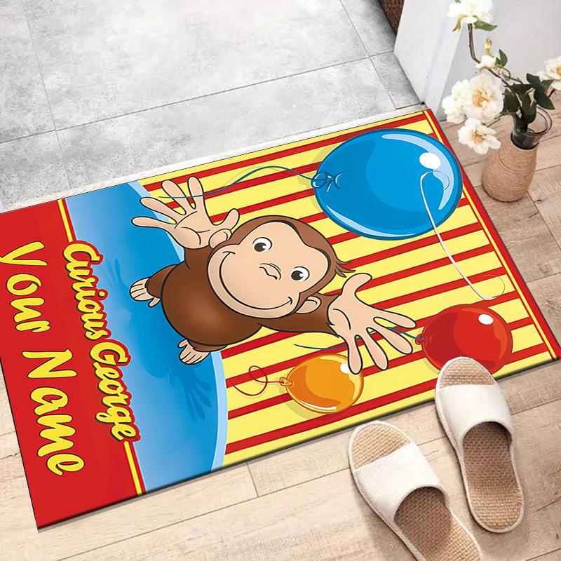Custom Curious George Mat Personalized Name, Polyester Washable Indoor Entryway Rug, Gift for Christmas, Easter, Thanksgiving Day