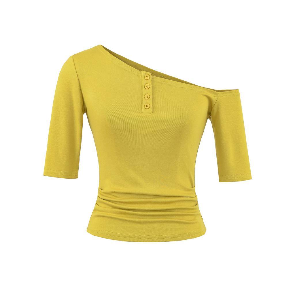 Slant shoulder medium sleeve T-shirt women's summer new American Spice Girl pure desire wind casual slim slim bottom top