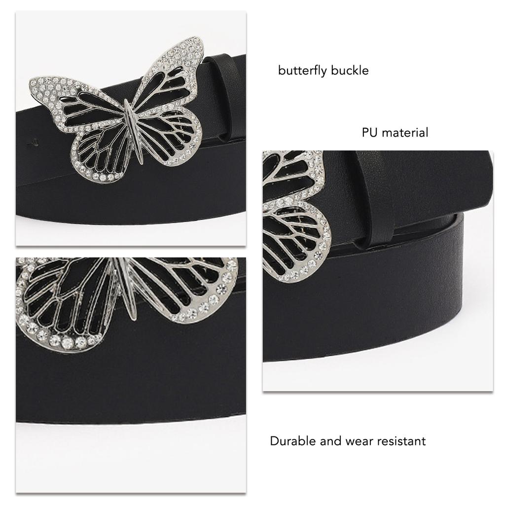 Rhinestone Butterfly Buckle Belt Fashionable Pu Leather Women Wide Belt for Dress Shirt Decoration Black Free Size