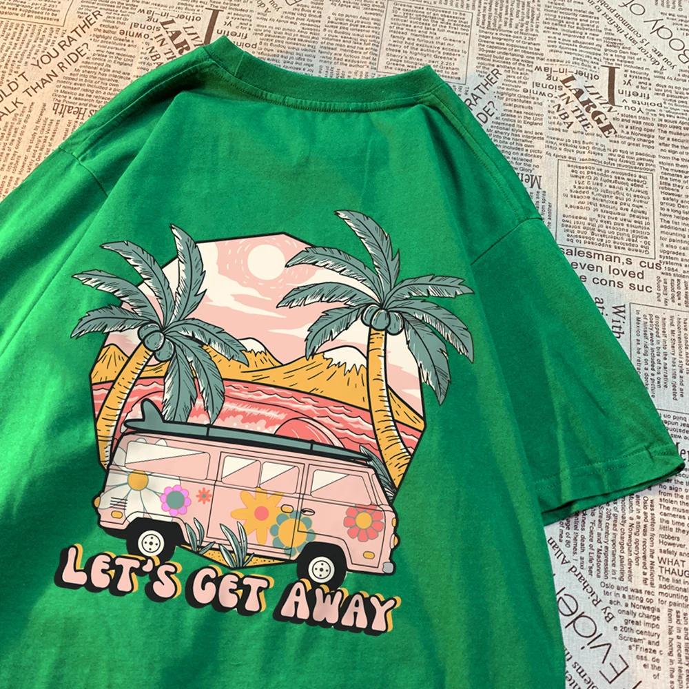 Давайте уедем, поедем на автобусе, поедем в отпуск, напечатанные мужские футболки Harajuku, дышащая футболка, летняя одежда, модная свободная футболка