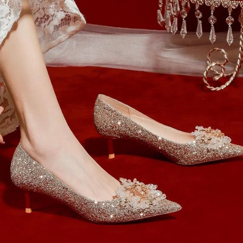 Золотые свадебные туфли Свадебные туфли для невесты Туфли подружки невесты с кристаллами Знаменитая женская обувь на шпильках Туфли на высоком каблуке для женщин