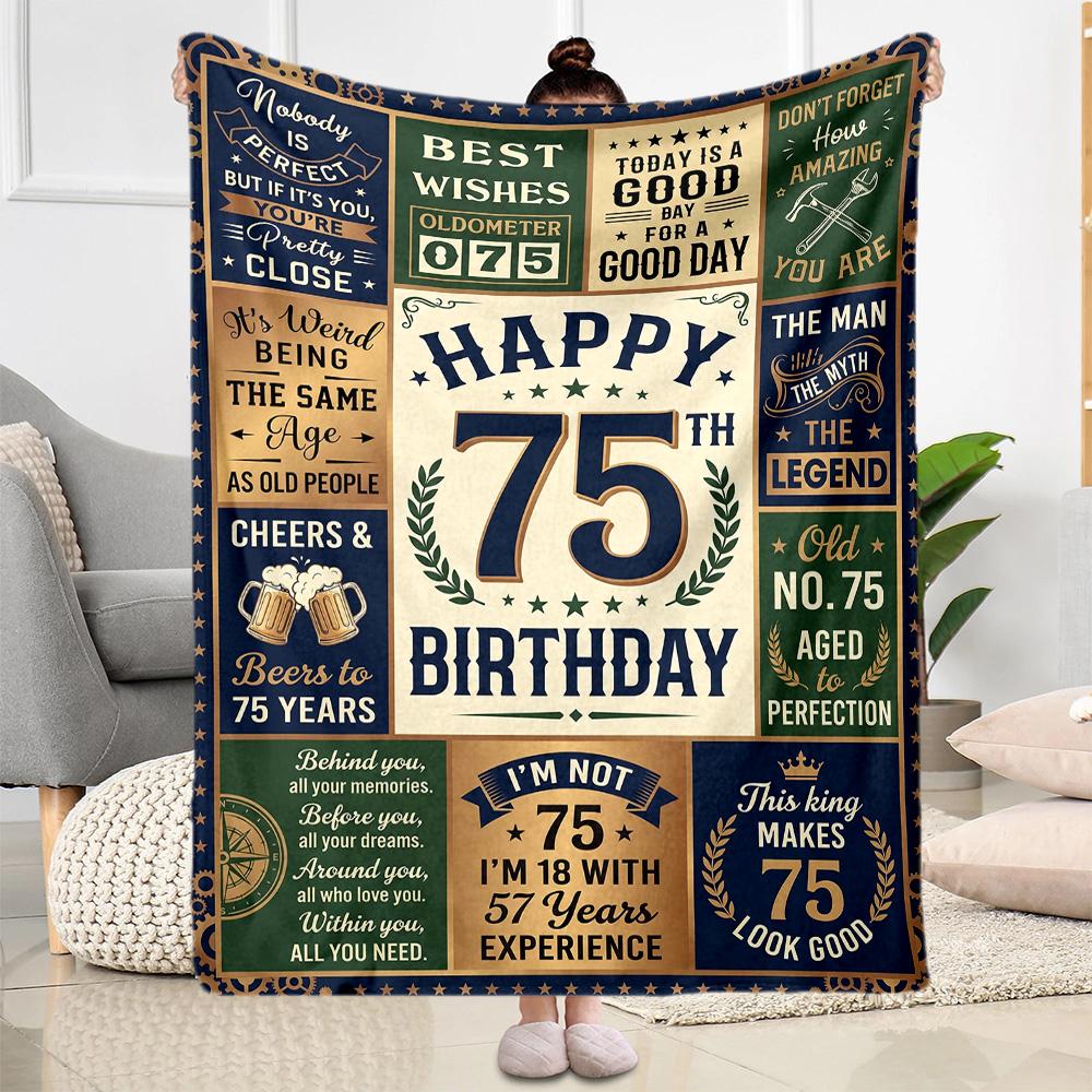 75th Birthday Celebration Blanket Comfortable Suitable for Bed Picnics Livingroom Four Seasons Multipurpose Playful Design