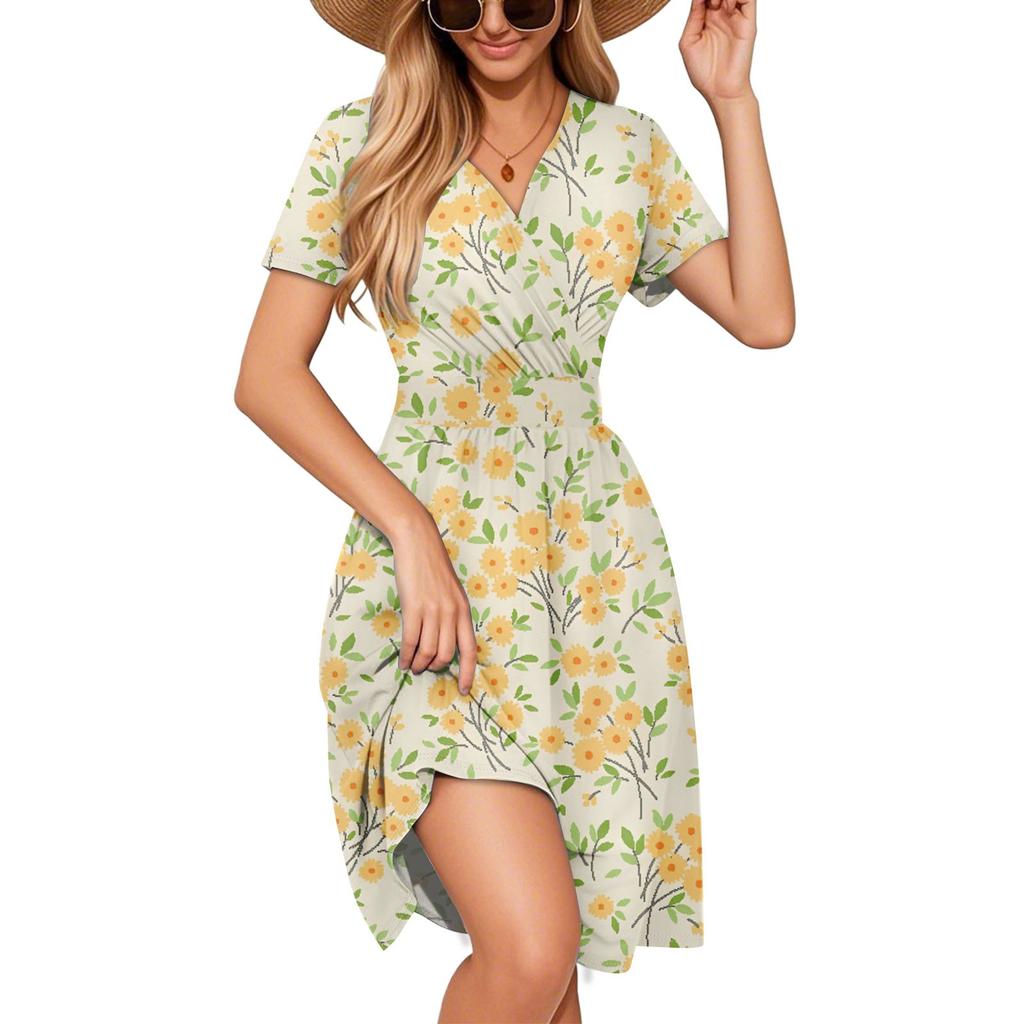 Элегантное и повседневное женское платье с красочным принтом, V-образным вырезом и короткими рукавами.