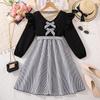 Платье для девочек Детская одежда Осень Новый стиль V-образный вырез Кружево Длинный рукав Лоскутное Полосатое Платье принцессы