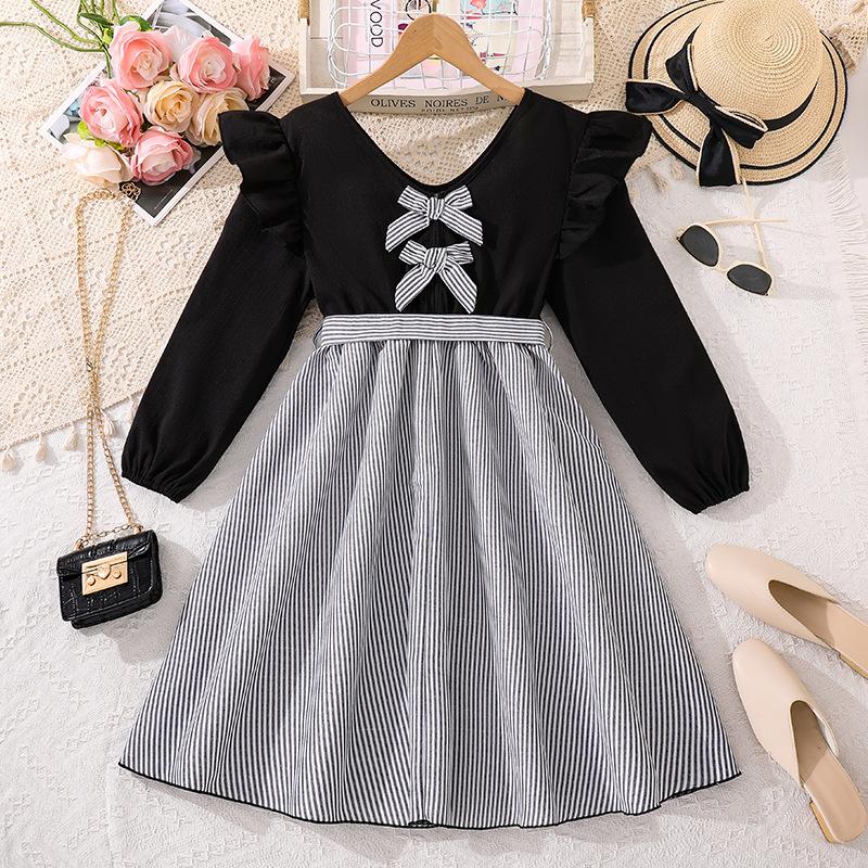 Платье для девочек Детская одежда Осень Новый стиль V-образный вырез Кружево Длинный рукав Лоскутное Полосатое Платье принцессы