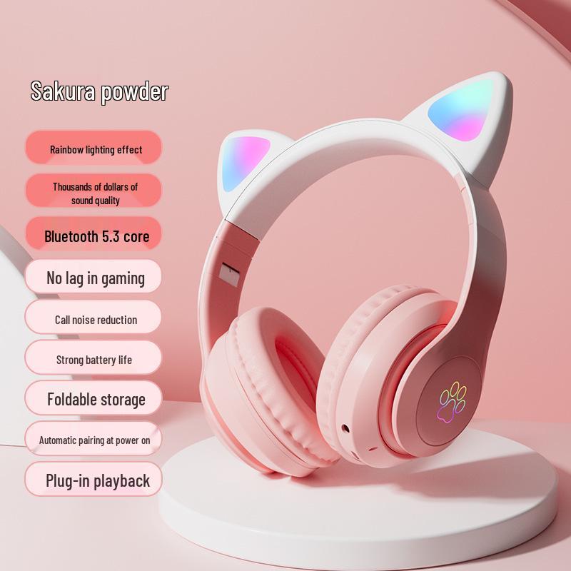 Небесно-голубые Bluetooth-наушники с кошачьими ушками и дышащей подсветкой