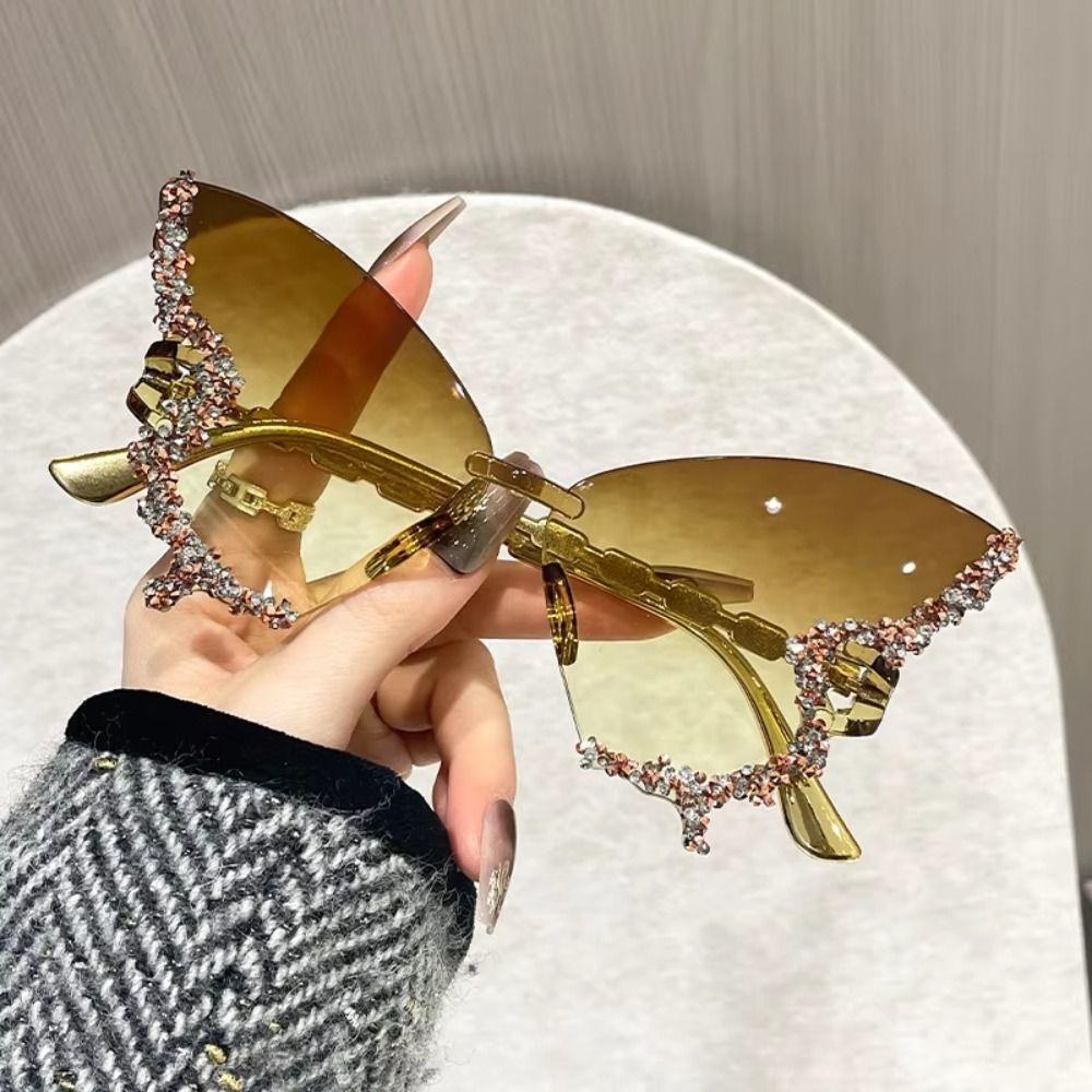 Luxury Design Butterfly Sunglasses Vintage Style Cat Eye Eyewear Rimless Sun Glasses  Daily Wear