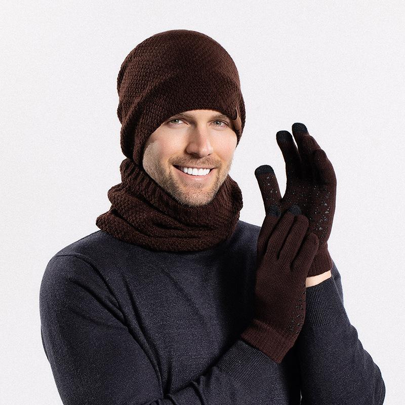 Winter Warm Hat Gloves Scarf Three-Piece Set Winter Men's Outdoor Cold Protection Fleece Knitted Woolen Cap