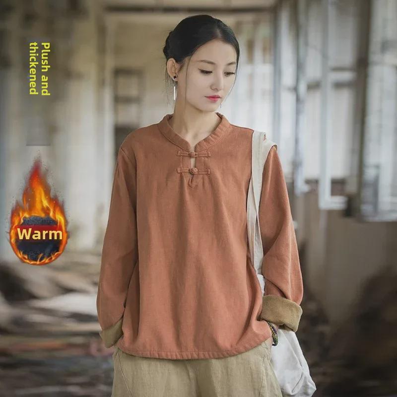 Женская рубашка из хлопка и льна в стиле ретро: Футболка весна/лето из бархата с пуговицами