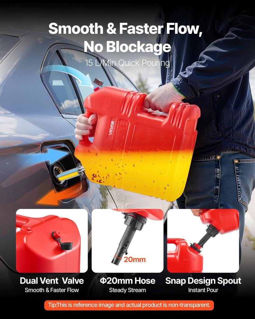 Fuel Container, 19 L, Gas Tank with Spout & Clear Scale, 15 L/min Max Flow Rate, Secure & Leak-proof, Portable Flat Fluid Container for Most Cars