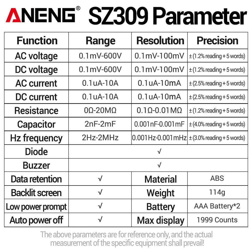 Multifunctional ANENG SZ309 Smart Multimeter 1999 Count Digital Professional High Precision AC/DC Voltage Meter Multimetro Portable Electrician Tools