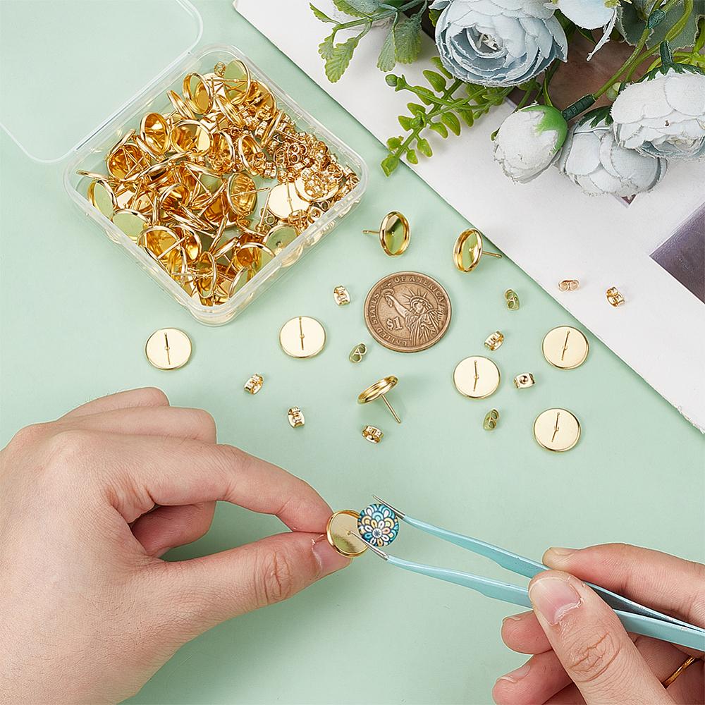 Flat Round 304 Stainless Steel Stud Earring Settings, with 304 Stainless Steel Ear Nuts, Real 18K Gold Plated, Tray: 12mm, 14x2mm, Pin: 0.8mm