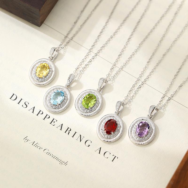 S925 Sterling Silver Necklace, Female Oval Natural Crystal Stone Pendant, High-end Drawing Craftsmanship, Niche Light Luxury Collarbone Chain