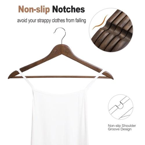 ELONG HOME Wooden Clothes Hangers with Non-Slip Indents and Trouser Bars, Shape-Retaining, 360-Degree Rotating Slim Clothes Hangers for Suits, Shirts,