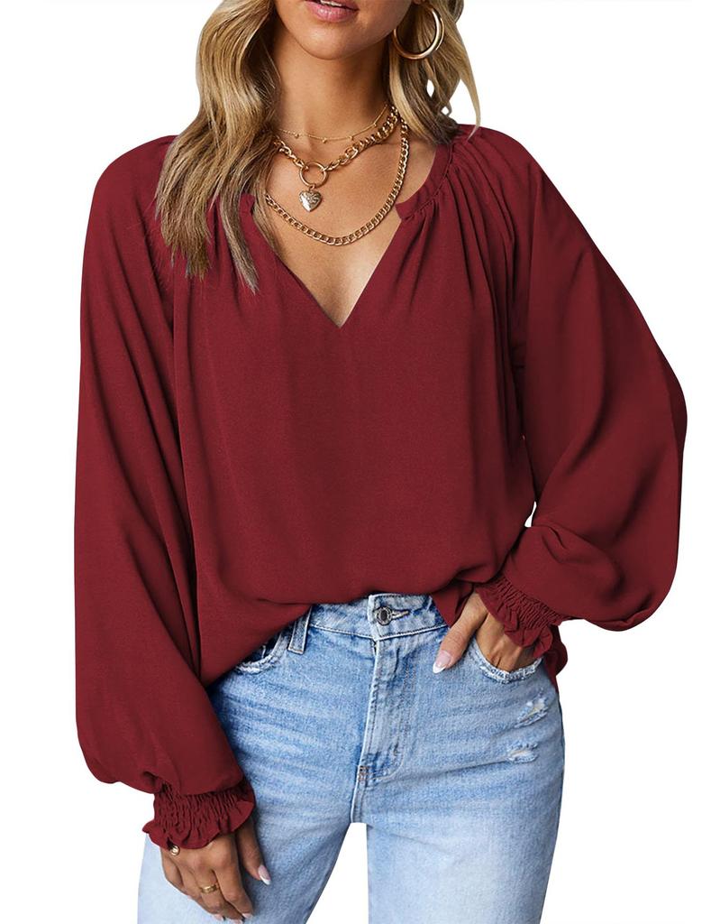 Осенние плиссированные блузки с v-образным вырезом, модные повседневные свободные женские рубашки с длинным рукавом, простые шифоновые рубашки и топы, женская однотонная одежда 28612