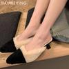 Winter Fur Shallow Women Slippers Pointed Toe Fashion Mid Heels Shoes 2025 Trend Designer Elegant Pumps Dress Chaussures Ladies