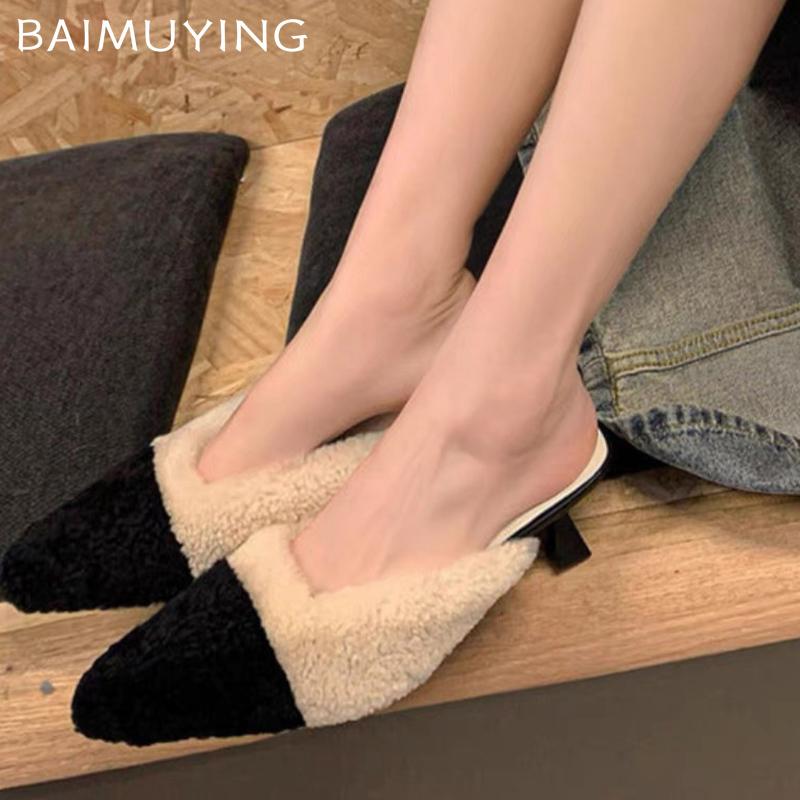 Winter Fur Shallow Women Slippers Pointed Toe Fashion Mid Heels Shoes 2025 Trend Designer Elegant Pumps Dress Chaussures Ladies