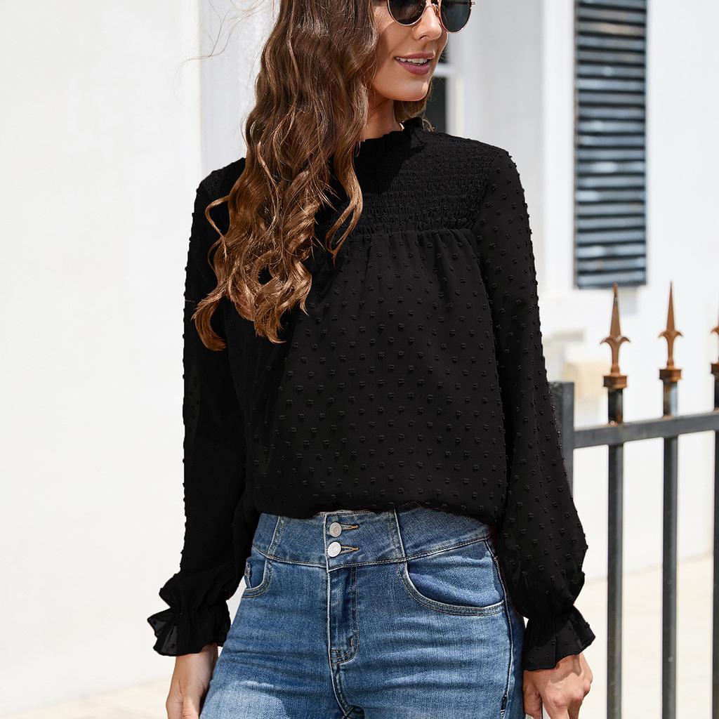 GMXIA Женские модные повседневные осенне-зимние однотонные блузки и рубашки с длинным рукавом и высоким воротом с принтом