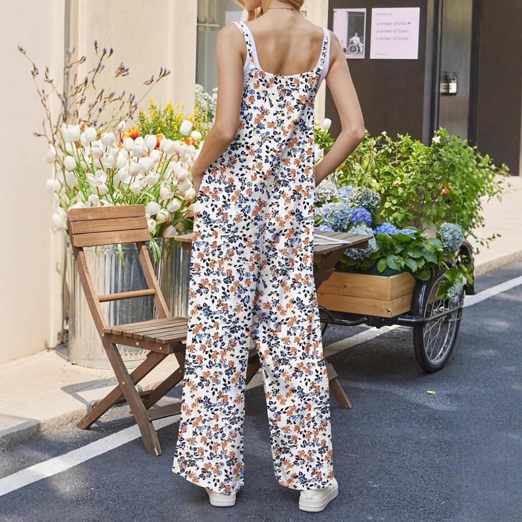 Women's Spaghetti Strap Sleeveless Floral Jumpsuit Loose High Waist Casual Wide Leg Overalls