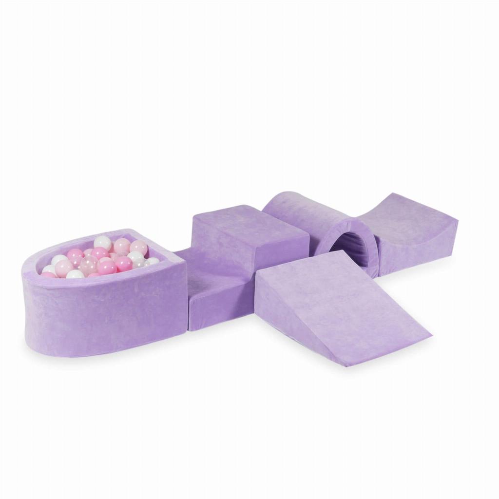 Foam playground with bridge and pool micro Velvet Soft Purple + 100 balls: transparent, white, light pink, powder pink