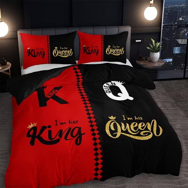 Queen & King 3pcs Couples Spouses Lovers Themes Bedding Set with All Size Featuring Printed English Letters on The Duvet Cover